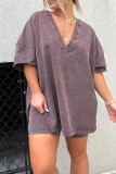 Purple Casual Simplicity Solid V Neck Short Sleeve Two Pieces
