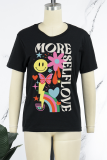 Black Casual Street Print Patchwork Letter O Neck T-Shirts
