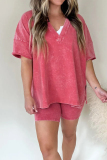 Rose Red Casual Simplicity Solid V Neck Short Sleeve Two Pieces