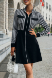 Black Elegant Plaid Patchwork Mandarin Collar A Line Dresses