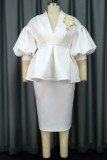 White Casual Solid Embroidered Patchwork V Neck Half Sleeve Two Pieces