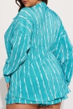 Black Casual Striped Print Basic Shirt Collar Long Sleeve Two Pieces