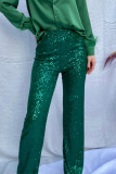 Green Casual British Style Solid Sequins Loose Low Waist Straight Solid Color Bottoms