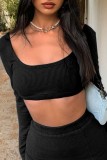 Black Casual Solid Slit U Neck Long Sleeve Two Pieces