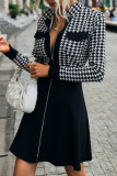 Black Elegant Plaid Patchwork Mandarin Collar A Line Dresses