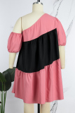 Pink Casual Daily Simplicity Contrast Asymmetrical Collar Asymmetrical Dresses