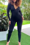 Black Sexy Casual Solid Backless Hooded Collar Skinny Jumpsuits
