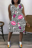 Black Pink Casual Print Patchwork Basic V Neck Sleeveless Dress Dresses