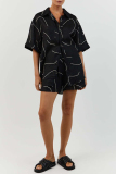 Black Sexy Daily Geometric Print Patchwork Turndown Collar Short Sleeve Two Pieces