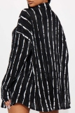 Black Casual Striped Print Basic Shirt Collar Long Sleeve Two Pieces