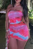 Rose Red Sexy Print Backless Strapless Sleeveless Dress Dresses