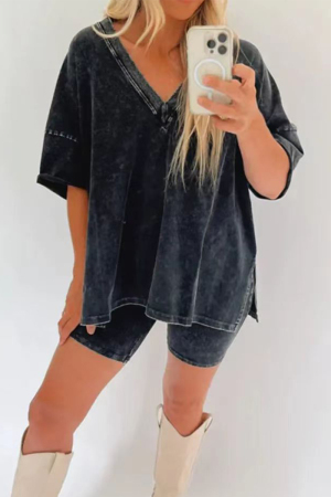 Black Casual Simplicity Solid V Neck Short Sleeve Two Pieces
