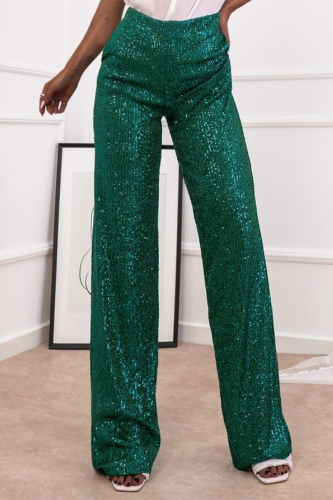 Green Casual British Style Solid Sequins Loose Low Waist Straight Solid Color Bottoms