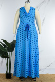 Blue Sexy Party Vintage Dot Fold With Belt Printing Boat Neck Printed Dress Dresses