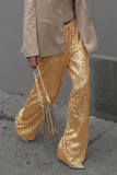 Gold Casual British Style Solid Sequins Loose Low Waist Straight Solid Color Bottoms