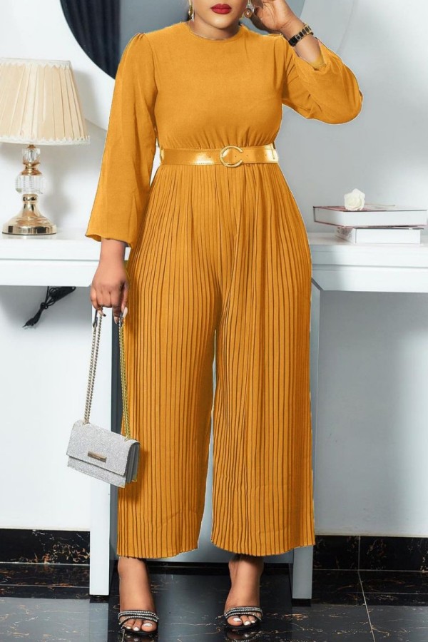 Yellow Casual Solid Patchwork Pleated O Neck Regular Jumpsuits (With Belt)