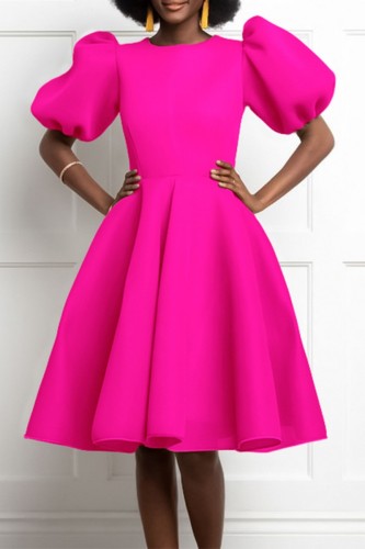 Rose Red Casual Solid Patchwork O Neck A Line Short Sleeve Dress