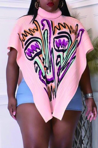 Pink Casual Print Basic Turtleneck Tops