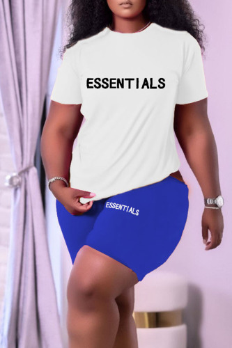 Blue Casual Print Patchwork O Neck Short Sleeve Two Pieces