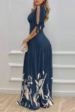 Deep Blue Casual Print Patchwork Frenulum Beading V Neck Long Dress Dresses
