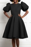 Black Casual Solid Patchwork O Neck A Line Short Sleeve Dress