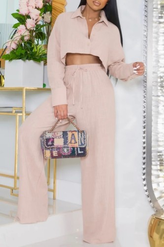 Apricot Casual Solid Patchwork Turndown Collar Long Sleeve Two Pieces