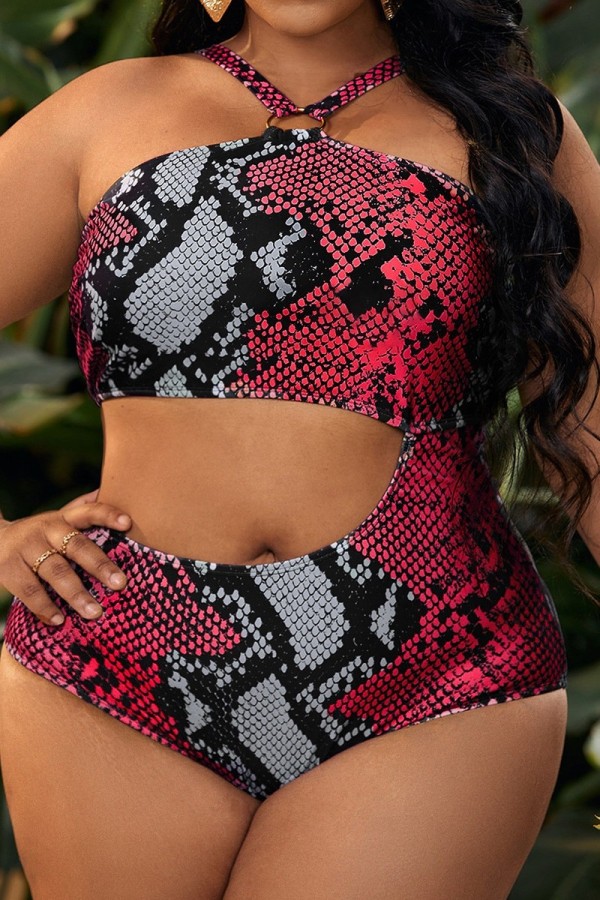 Red Sexy Print Hollowed Out Backless Spaghetti Strap Plus Size Swimwear