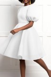 White Casual Solid Patchwork O Neck A Line Short Sleeve Dress
