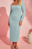 Sky Blue Casual Solid Hollowed Out Square Collar Long Sleeve Dresses