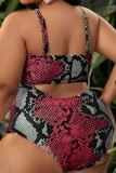 Red Sexy Print Hollowed Out Backless Spaghetti Strap Plus Size Swimwear