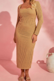 Earth Yellow Casual Solid Hollowed Out Square Collar Long Sleeve Dresses