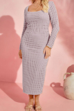 Sky Blue Casual Solid Hollowed Out Square Collar Long Sleeve Dresses