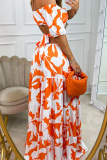 Orange Apricot Sexy Elegant Print Frenulum Off the Shoulder Printed Dress Dresses