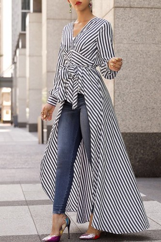 Black Gray Casual Striped Print Patchwork V Neck Tops