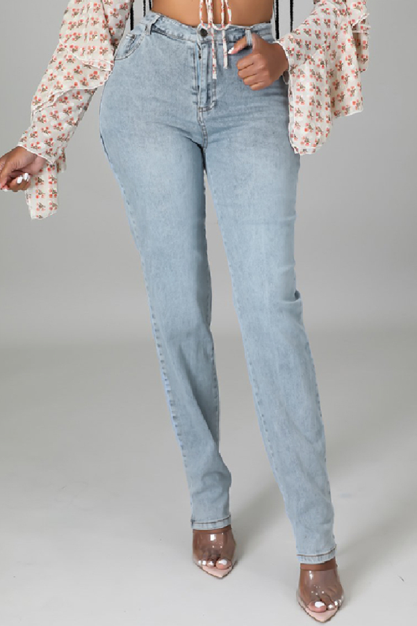 Baby Blue Casual Solid Hollowed Out Patchwork High Waist Skinny Denim Jeans