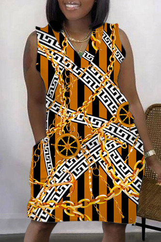 Black Orange Casual Print Patchwork Basic V Neck Sleeveless Dress Dresses