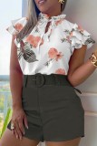 White Casual Print Bandage Patchwork With Belt O Neck Short Sleeve Two Pieces