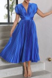 Blue Casual Solid Patchwork V Neck Pleated Dresses