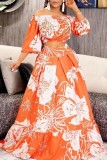 Orange Graphic Print Off Shoulder Lantern Sleeve Crop Top and Maxi Skirt Casual Vacation Two Piece Dress