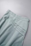 Light Blue Casual Vacation Solid Slit Fold Off the Shoulder Long Sleeve Two Pieces