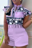 Light Purple Casual Print Bandage Patchwork With Belt O Neck Short Sleeve Two Pieces