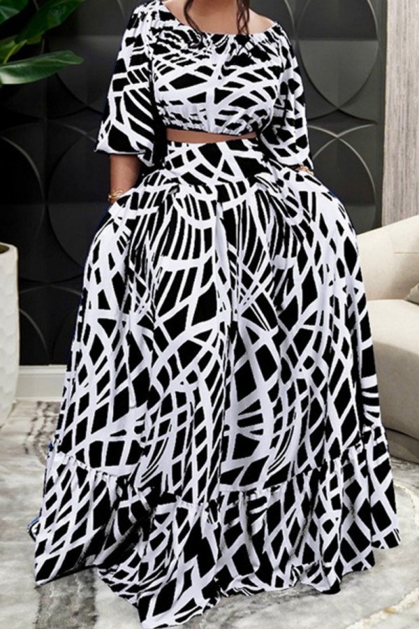 Black White Graphic Print Off Shoulder Lantern Sleeve Crop Top and Maxi Skirt Casual Vacation Two Piece Dress