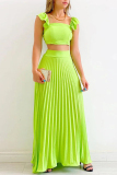 Grass Green Celebrities Elegant Solid Fold Square Collar Sleeveless Two Pieces