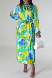 Green Casual Print Basic O Neck Long Sleeve Dresses (Subject To The Actual Object)