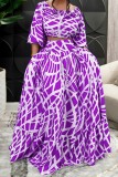 Purple Graphic Print Off Shoulder Lantern Sleeve Crop Top and Maxi Skirt Casual Vacation Two Piece Dress