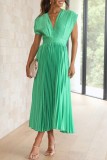 Light Green Casual Solid Patchwork V Neck Pleated Dresses