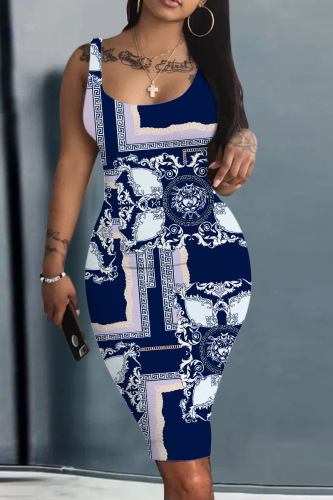 Blue Casual Print Basic U Neck Vest Dress Dresses