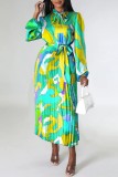 Green Casual Print Basic O Neck Long Sleeve Dresses (Subject To The Actual Object)