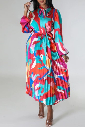 Red Casual Print Basic O Neck Long Sleeve Dresses (Subject To The Actual Object)