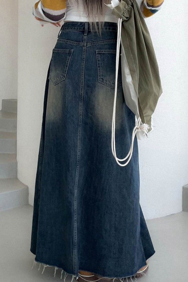 Wholesale Blue Casual Solid Patchwork High Waist Regular Denim Skirts ...